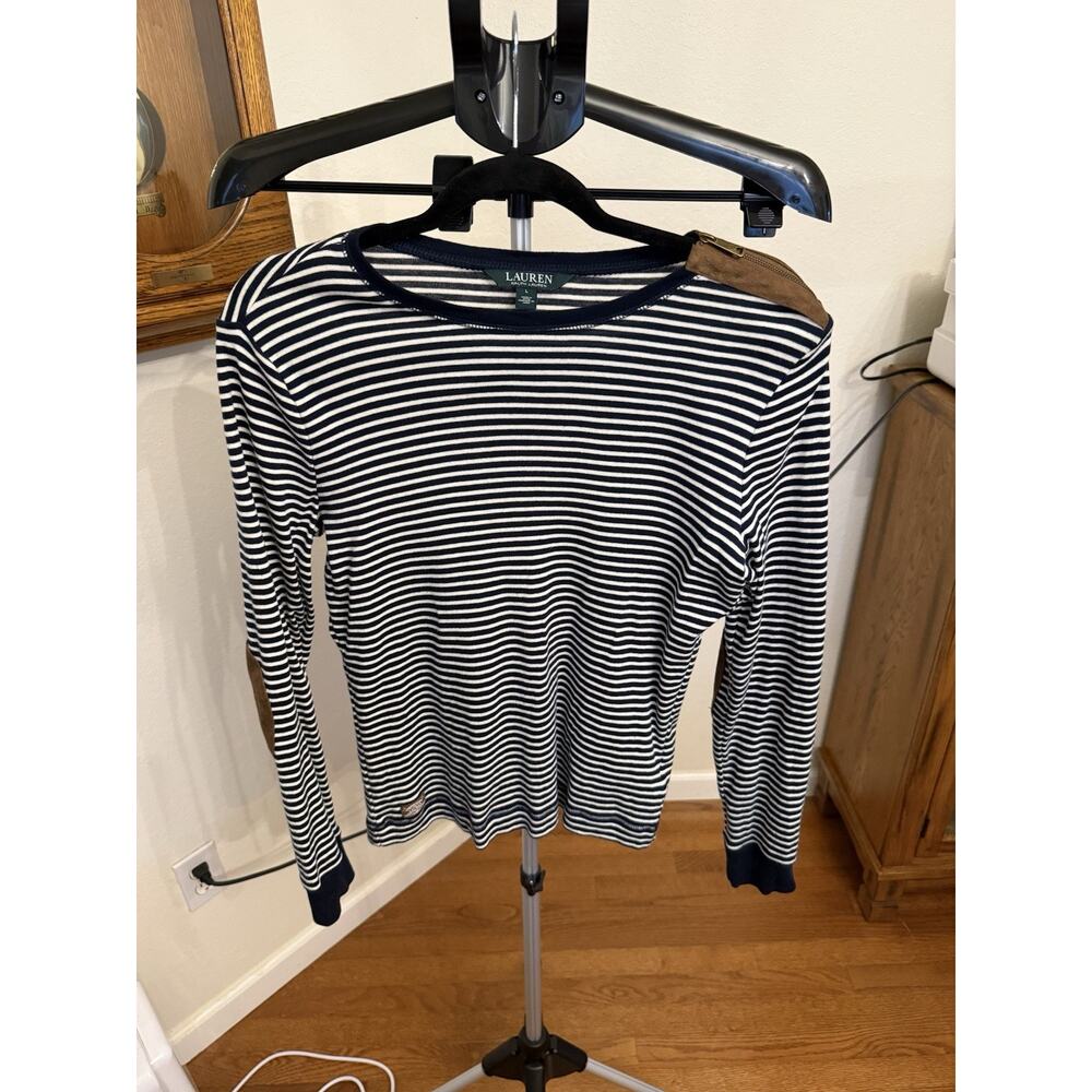 Lauren Ralph Lauren Navy White Striped Pullover top Zipper Elbow Patch S
